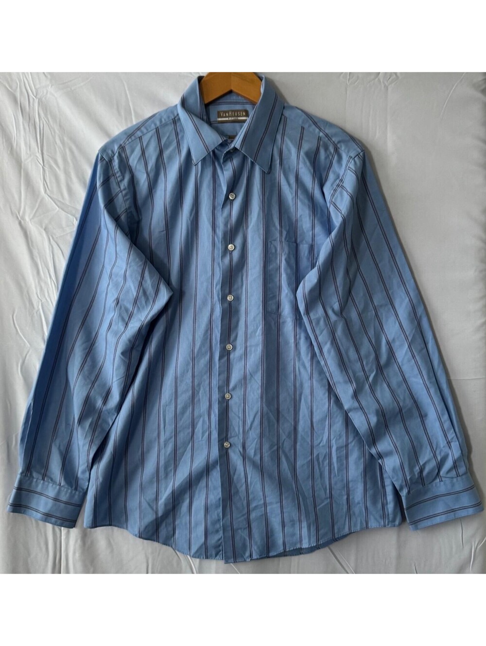 Van Heusen Fitted Dress Shirt Mens L 16 34/35 Blue Stripe Wrinkle Free